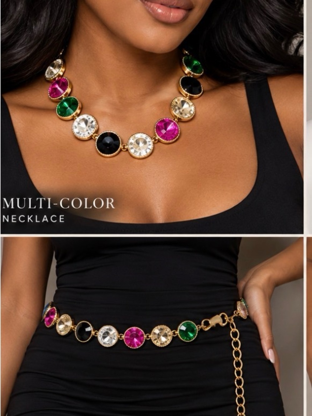 Jeweled Rhinestone Gold Chain Belt Multicolor Statement Adjustable 48”